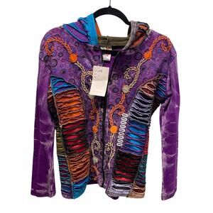 India Boutique Womens Full Zip Hoodie S Eclectic Colorful Made in Nepal NWT